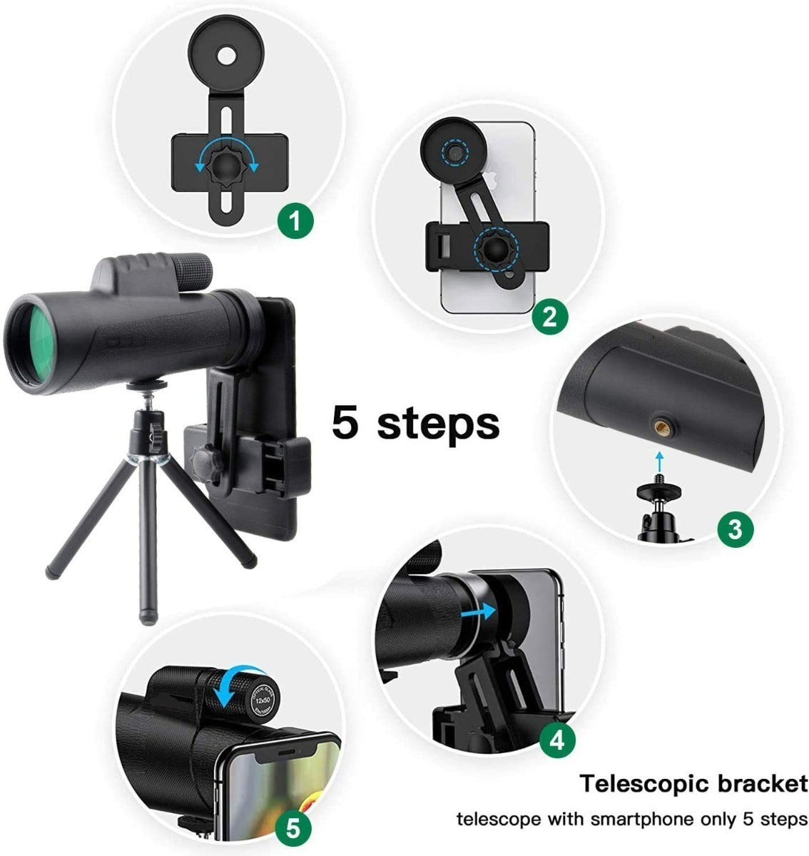 Imagen Telescopio Monocular 12x50 Px7 con Trípode y Soporte Celular 6